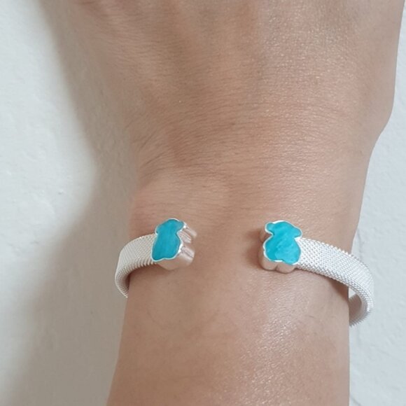 Tous Silver Mesh Color Cuff Bracelet with Amazonite - Picture 2 of 8